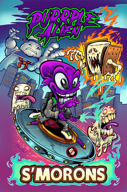 Purple Alien packaging design featuring a purple alien zapping monster marshmallows, drawn by artist Brian Allen