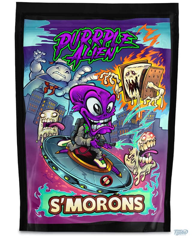 Purple Alien packaging design featuring a purple alien zapping monster marshmallows, drawn by artist Brian Allen