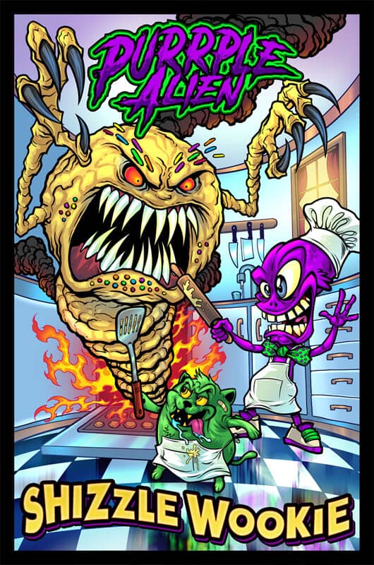 Purple Alien packaging design featuring a purple alien and green cat fighting a monster cookie, drawn by artist Brian Allen