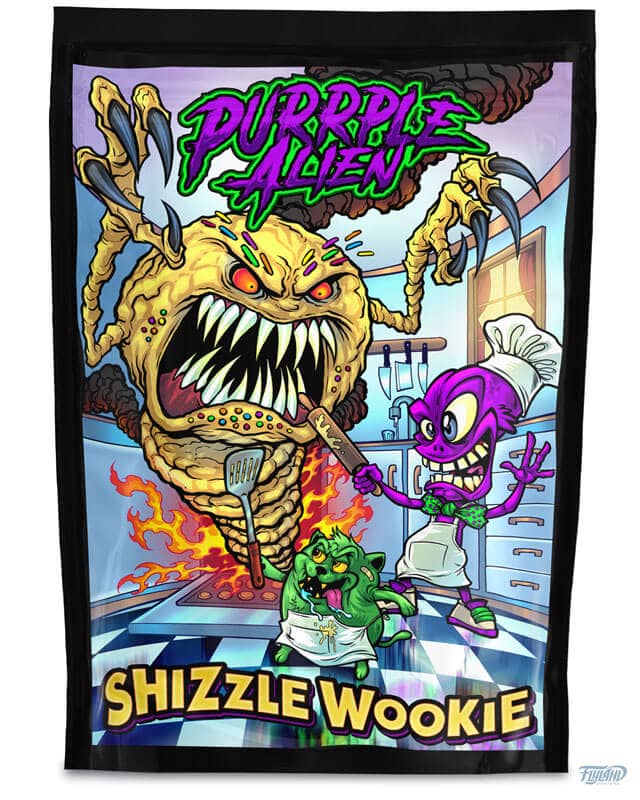 Purple Alien packaging design featuring a purple alien and green cat fighting a monster cookie, drawn by artist Brian Allen