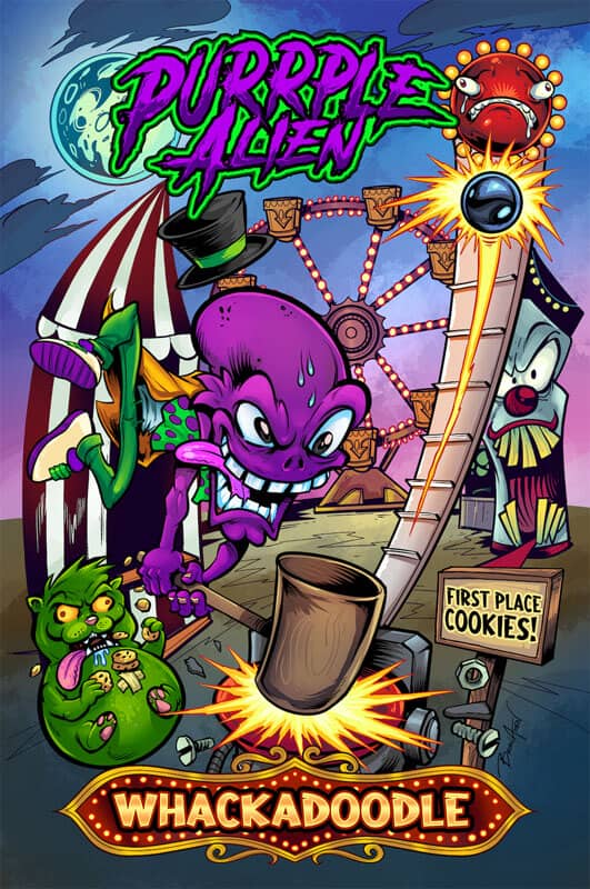Purple Alien packaging design featuring a purple alien playing a fair game, drawn by artist Brian Allen