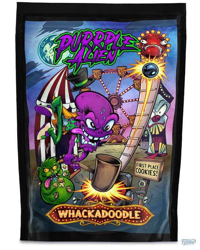 Purple Alien packaging design featuring a purple alien playing a fair game, drawn by artist Brian Allen