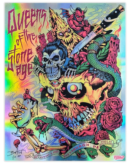 Gig Poster I designed for Queens of the Stone Age Pittsburgh Show 2023. Drawing of Skulls, Roses, Switchblades, and Snakes.