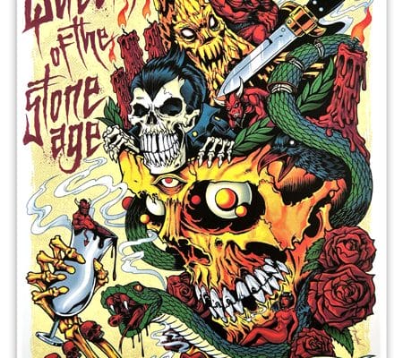 Gig Poster I designed for Queens of the Stone Age Pittsburgh Show 2023. Drawing of Skulls, Roses, Switchblades, and Snakes.