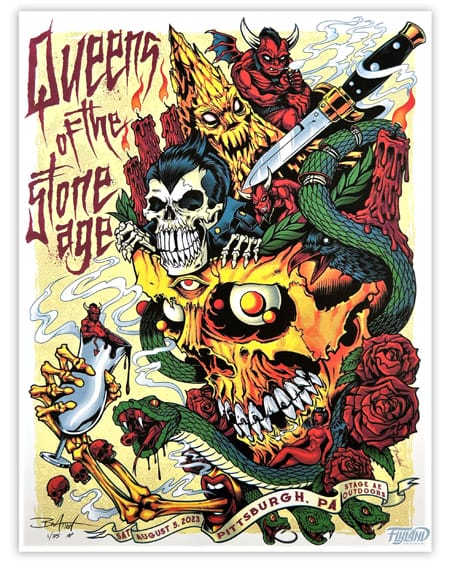 Gig Poster I designed for Queens of the Stone Age Pittsburgh Show 2023. Drawing of Skulls, Roses, Switchblades, and Snakes.