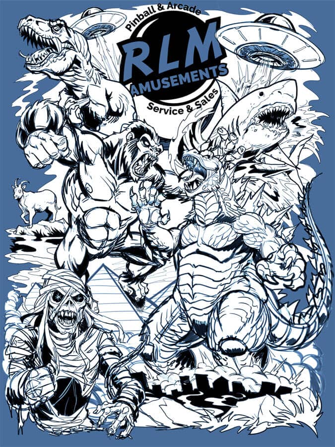 T-Shirt Design for RLM Amusements pinball and arcade business featuring a drawing of Godzilla fighting King Kong with the shark from Jaws, the mummy Eddie from Iron Maiden, the T-Rex from Jurrasic Park, and a UFO.