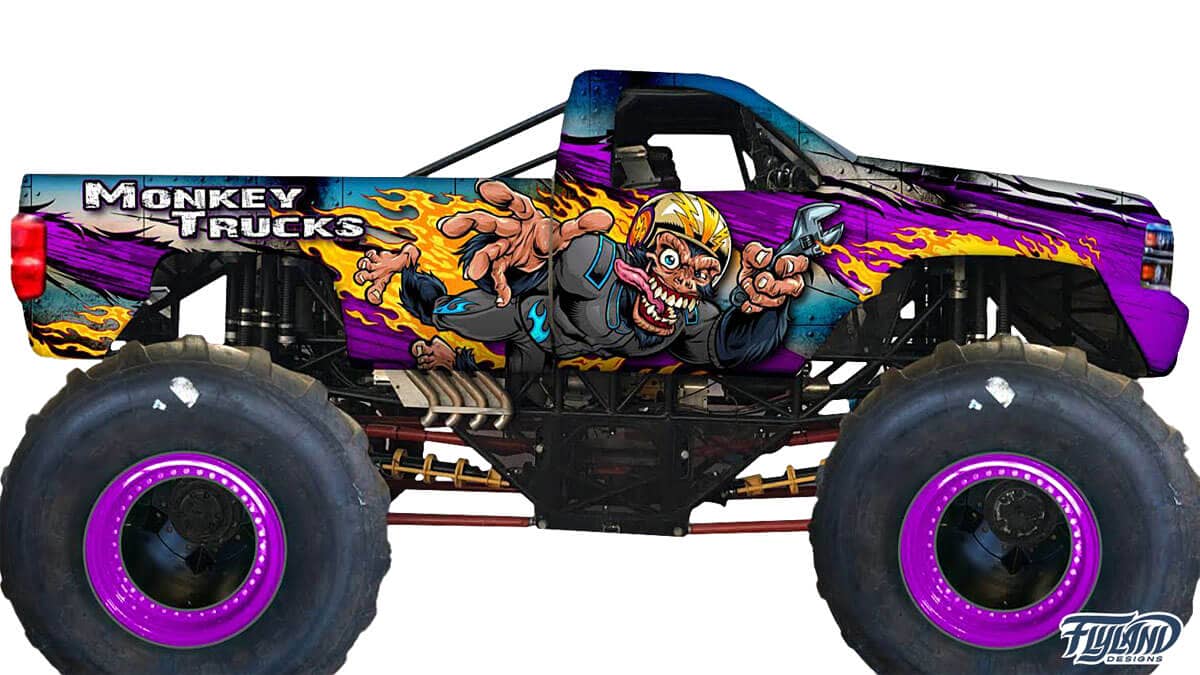 A vehicle wrap for a monster tuck done with a flying monkey wearing a race suit. The vehicle wrap is mostly purple, snd has the text "Monkey Trucks" on the side.