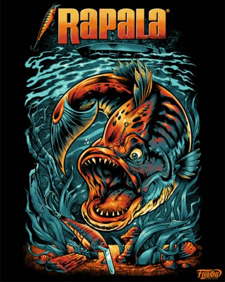 Illustration I created for a new apparel line showcasing the lures by Rapala for fisherman.  The brand wanted something really edgy and dark, so we gave the fish a pretty menacing look.  It’s always a fun challenge taking on a detailed scene like this wh