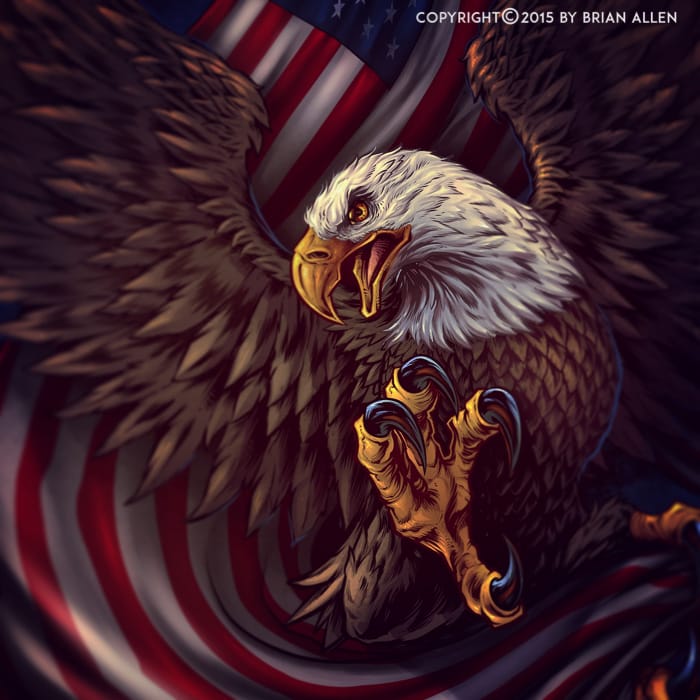 Patriotic illustration of an eagle and flag t-shirt design.