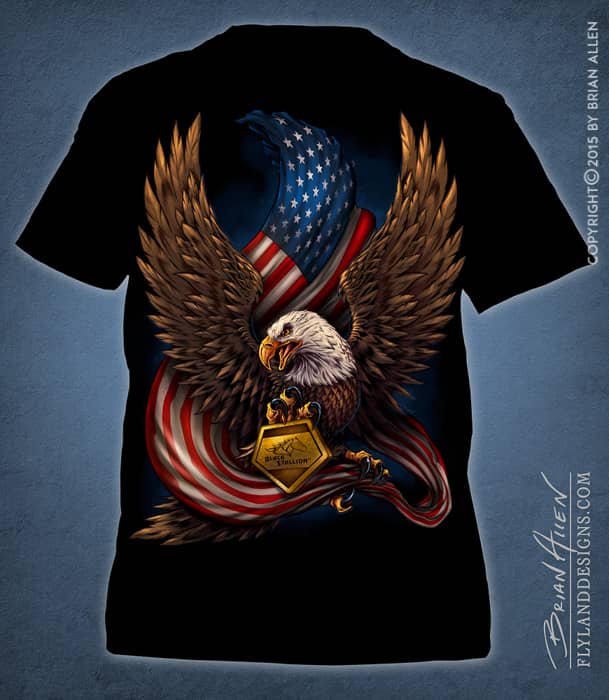 Patriotic illustration of an eagle and flag t-shirt design.