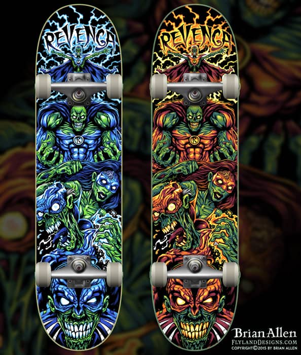 Laser-engraved skateboard design of a team of zombie superheroes