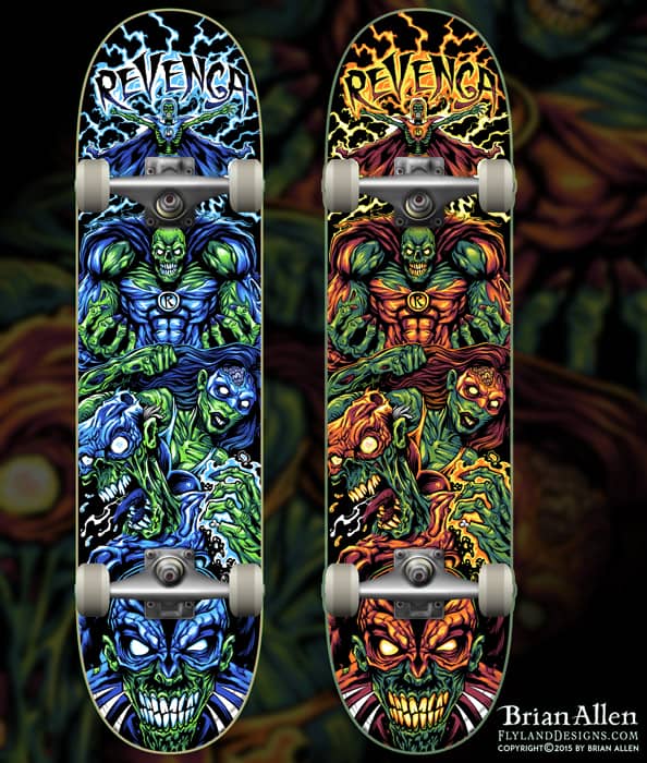 Laser-engraved skateboard design of a team of zombie superheroes