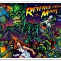 artwork of the classic revenge mars pinball machine with a green alien holding an exploding planet while also catching a spaceship while the alien minions surround a red headed girl in a white dress who is being protected by a man in uniform.