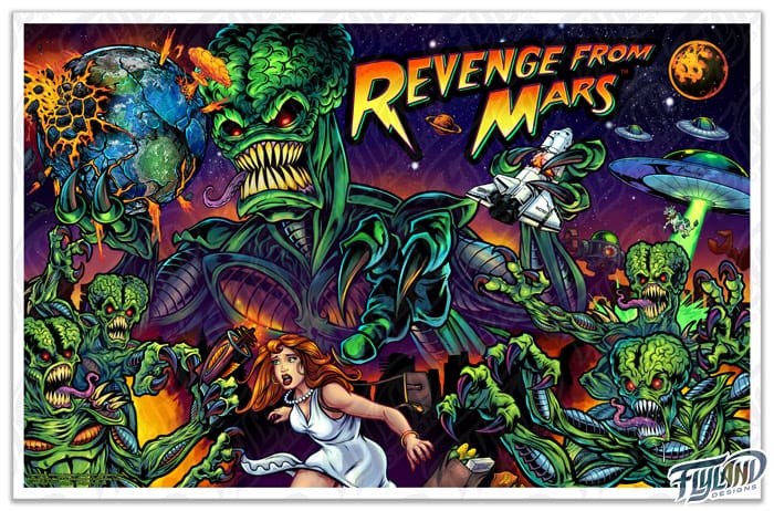 artwork of the classic revenge mars pinball machine with a green alien holding an exploding planet while also catching a spaceship while the alien minions surround a red headed girl in a white dress who is being protected by a man in uniform.