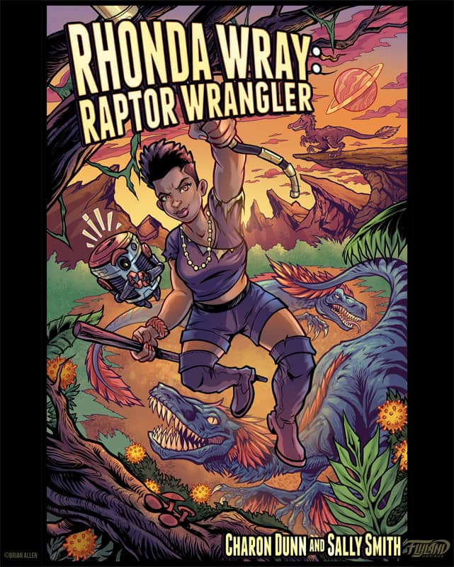 Rhonda Wray Raptor Wrangler Book Cover Illustration with prehistoric setting and dinosaurs in a rocky canyon with Girl swinging from a tree.