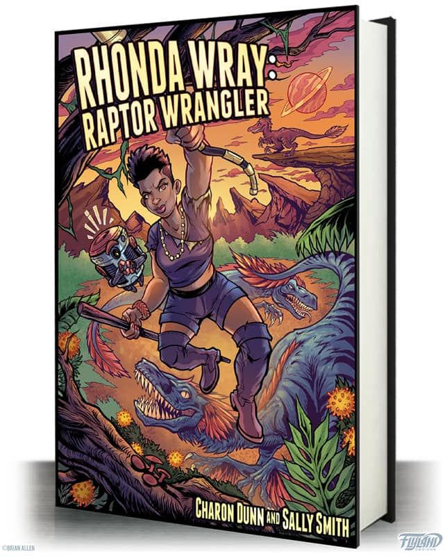 Rhonda Wray Raptor Wrangler Book Cover Illustration with prehistoric setting and dinosaurs in a rocky canyon with Girl swinging from a tree.