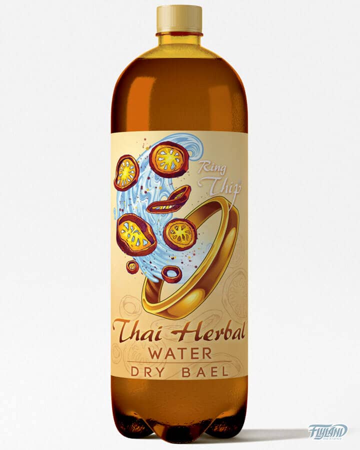 Ring Thip Thai Thai label featuring a dry baels in a golden ring applied to a glass bottle. Designed by Brian Allen Flyland designs.