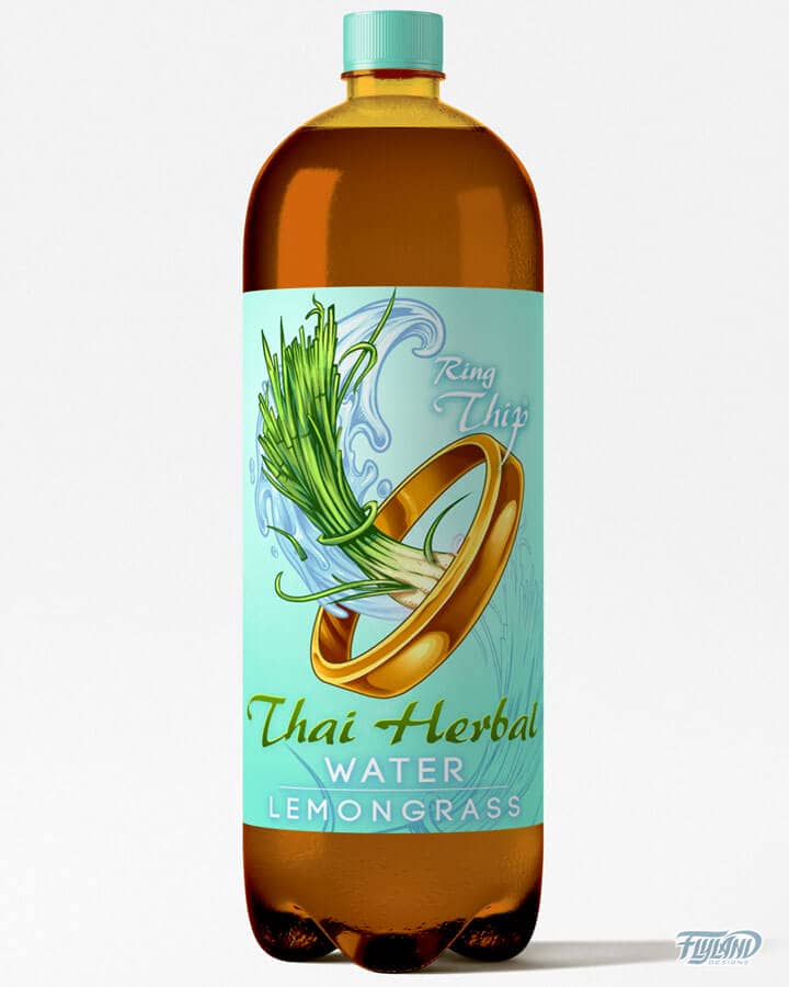 Ring Thip Thai Thai label featuring lemongrass in a golden ring applied to a glass bottle. Designed by Brian Allen Flyland designs.