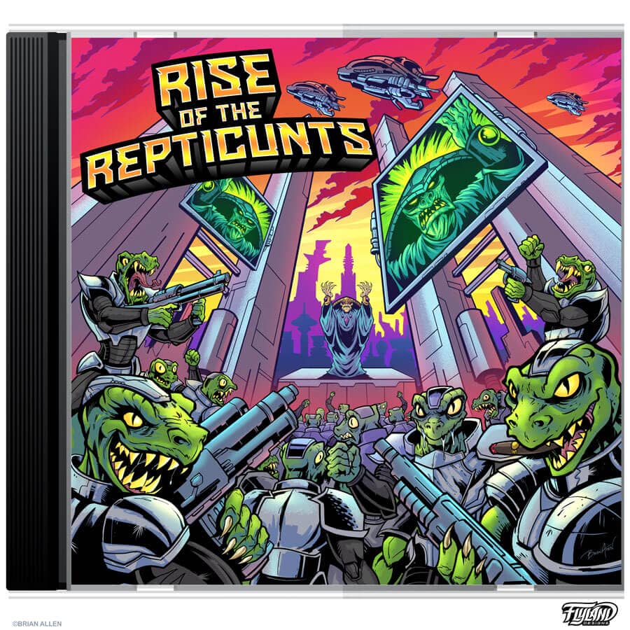 An album cover illustration of an army of reptilian humanoids, drawn by artist Brian Allen