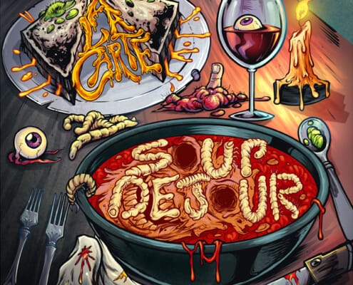 Album cover design I created for the band A La Carte showing a disgusting restaurant with eyeballs, fingers, brains, rats, and even a toilet. The band wanted me to create an album cover with a lot of gross details, as if a fine restaurant was being run by