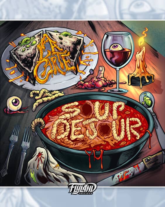 Album cover design I created for the band A La Carte showing a disgusting restaurant with eyeballs, fingers, brains, rats, and even a toilet. The band wanted me to create an album cover with a lot of gross details, as if a fine restaurant was being run by