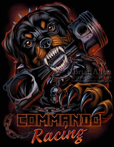 Angry rottweiler chewing on a piston for racing t-shirt