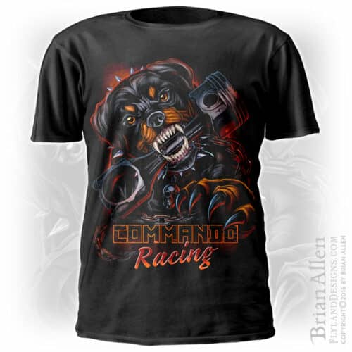 Angry rottweiler chewing on a piston for racing t-shirt