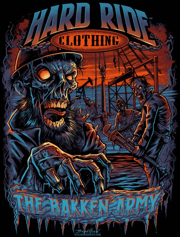 T-Shirt illustration of zombie roughnecks on a Bakken oil rig