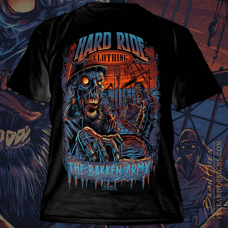 T-Shirt illustration of zombie roughnecks on a Bakken oil rig