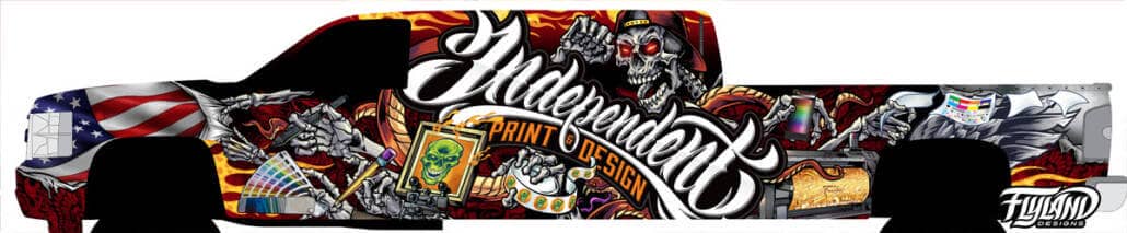 A vehicle wrap decorating a truck with Skull and wings, and skeleton with wrapping tools and materials drawn for a truck vehicle vinyl wrap