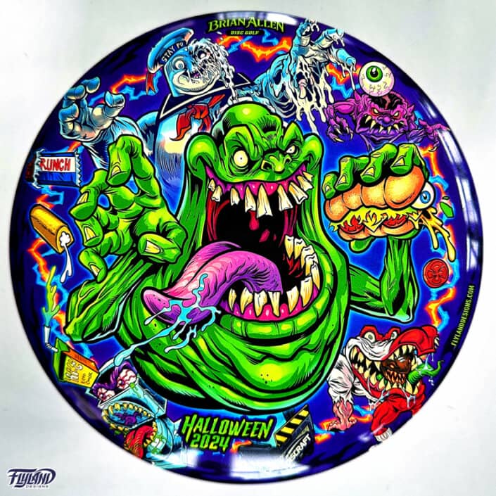 Tribute illustration of Slimer, StayPuft Marshmallow Man, and other ghosts from the Ghostbusters cartoon printed on a Disc Golf Disc