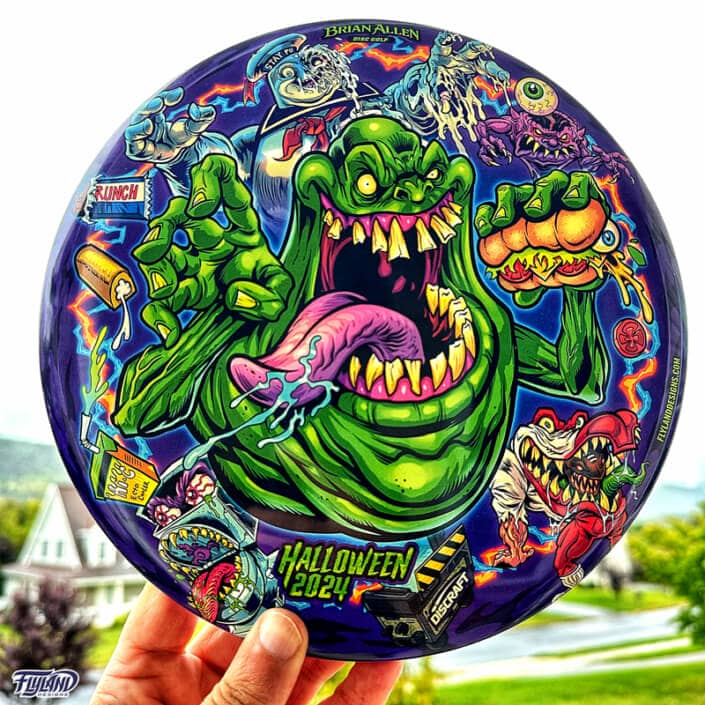 Tribute illustration of Slimer, StayPuft Marshmallow Man, and other ghosts from the Ghostbusters cartoon printed on a Disc Golf Disc