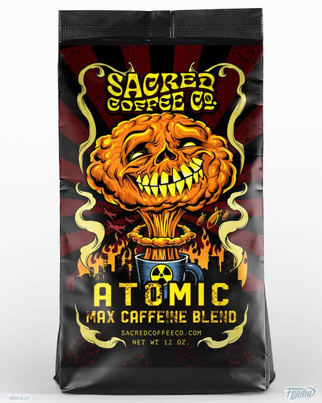 A bright orange mushroom cloud with a toothy grin with text that reads "Sacred Coffee Co. Atomic Max Caffeine Blend"
Designed by Brian Allen, Flyland Designs