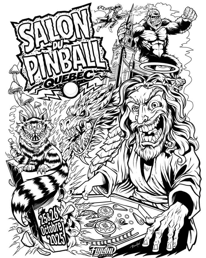 Poster artwork I designed for the Salon Du Pinball Quebec Poster 2025 of Jesus playing a pinball machine with a dragon, Cheshire Cat, King Kong, and Harry Potter