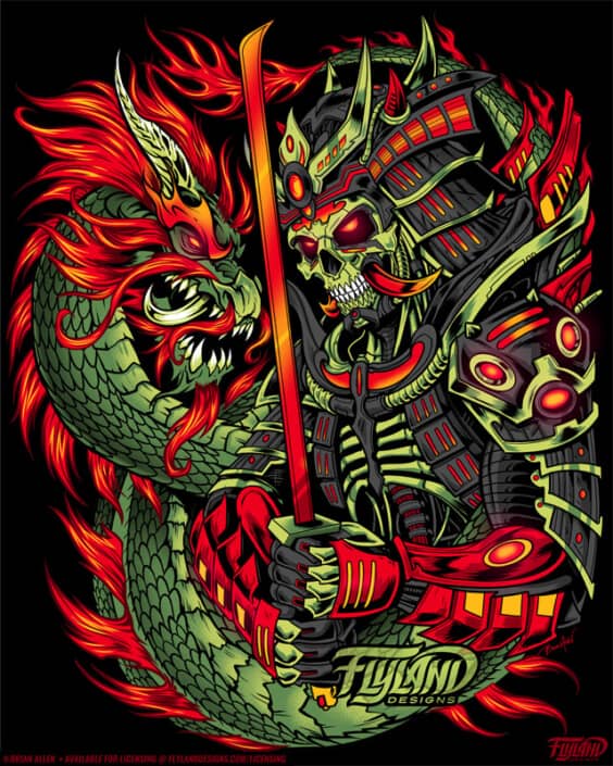 A skeleton samurai holds a sword while a dragon wraps around him. Illustration by Brian Allen