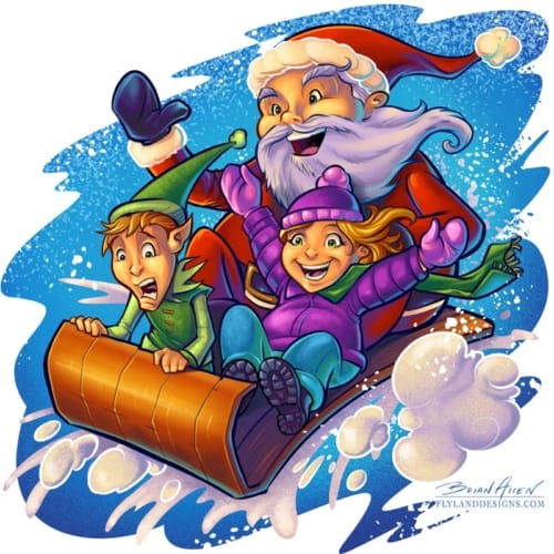 Cartoon illustration of Santa, an elf, and a little girl on a sled