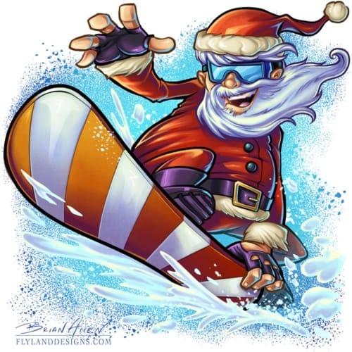 Cartoon Christmas mascot illustration of Santa Cluas snowboarding.