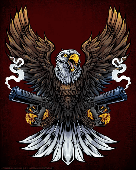 Eagle with wins spread and smoking guns in its talons