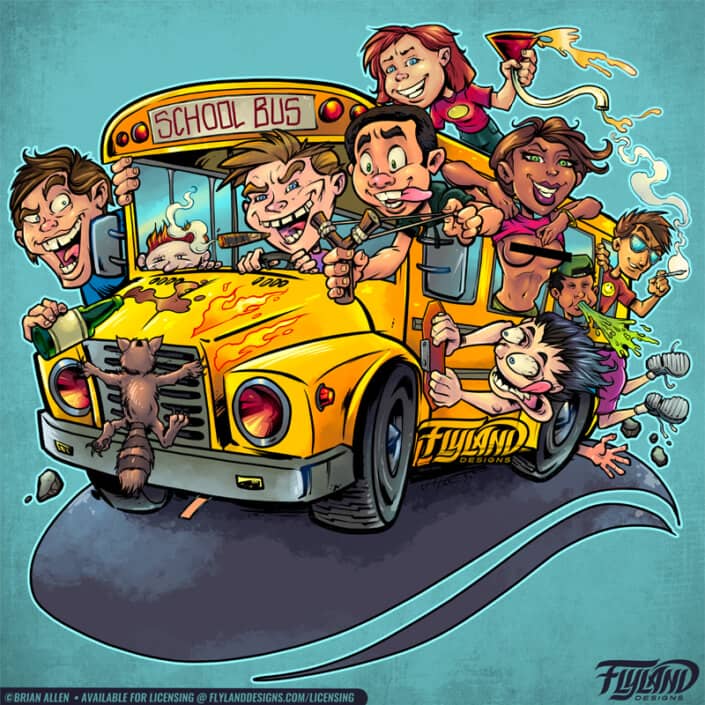 A bunch of school children are riding a school bus and engaging in illicit activities, illustration by Brian Allen