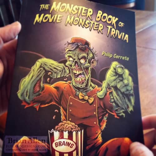 Book cover illustration of a zombie usher eating a box of buttered brains in a movie theater.