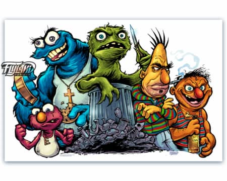 Full color illustration of the sesame street characters as badass gangsters.