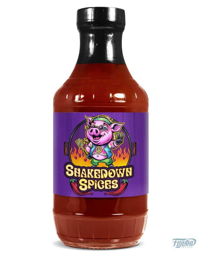 Shakedown Spices logo and hot sauce bottle design featuring a hippie pig, drawn by artist Brian Allen