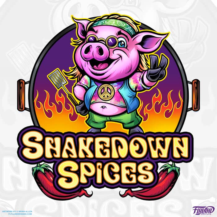 Shakedown Spices logo and hot sauce bottle design featuring a hippie pig, drawn by artist Brian Allen