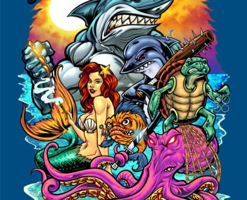 Shark Beach Gang Mermaid Sea animals Artwork by Artist Brian Allen of FlyLandDesigns.com