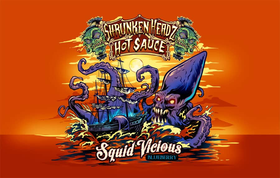 Shrunken Headz Hot Sauce featuring a giant sea monster attacking a pirate ship, drawn by artist Brian Allen