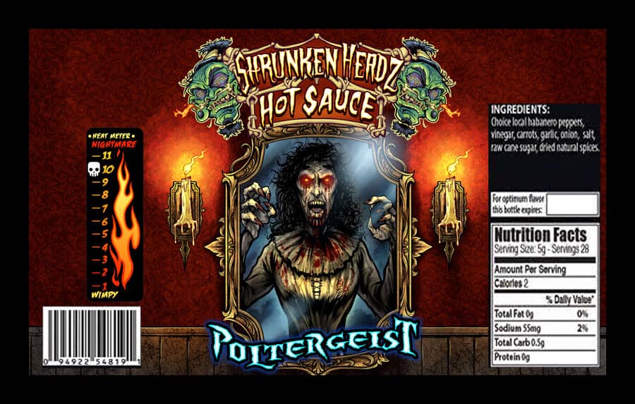 Shrunken Head Hot Sauce bottle design featuring a poltergeist, drawn by artist Brian Allen