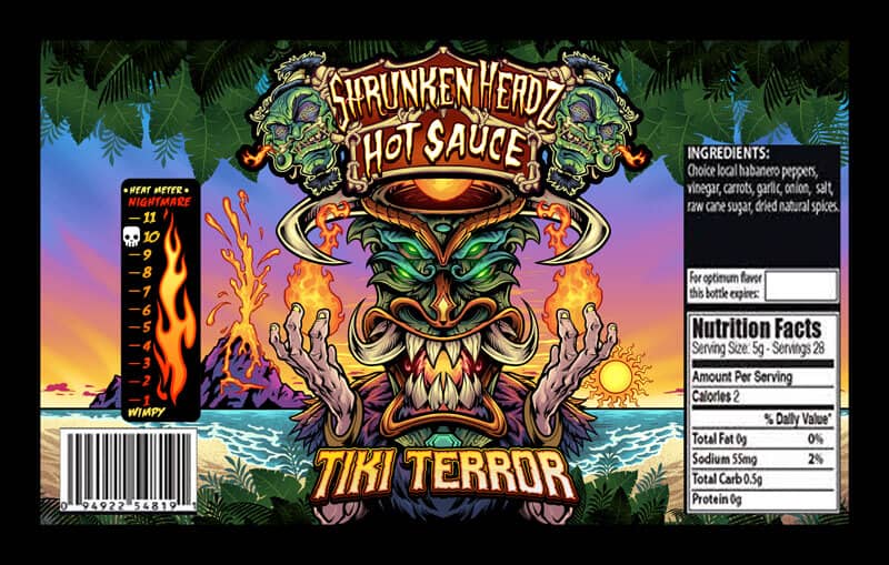 Shrunken Headz Hot Sauce bottle tropical label design featuring a tiki character on the beach with an exploding volcano in the background, drawn by Brian Allen