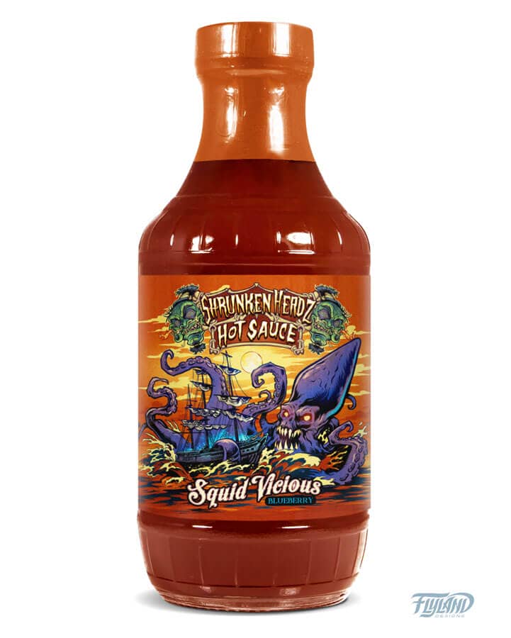 Shrunken Headz Hot Sauce featuring a giant sea monster attacking a pirate ship, drawn by artist Brian Allen