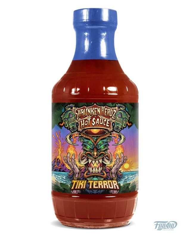 Shrunken Headz Hot Sauce bottle tropical label design featuring a tiki character on the beach with an exploading volcano in the background, drawn by Brian Allen