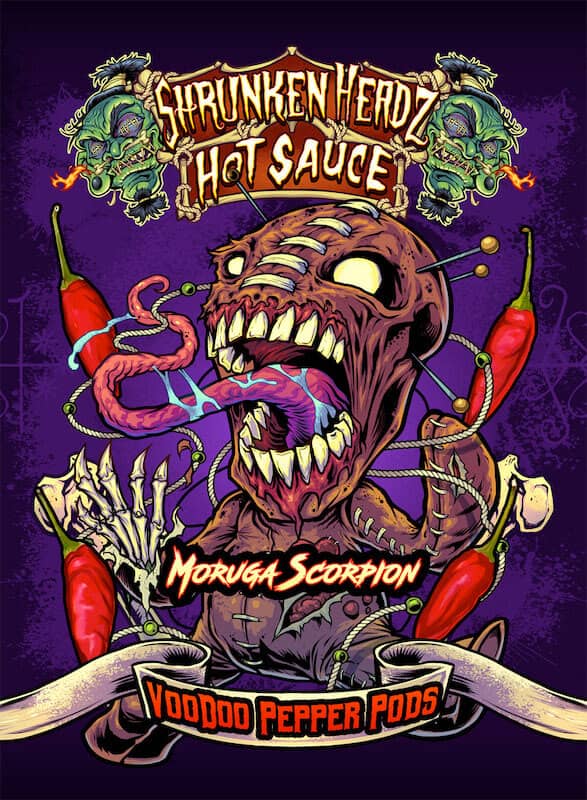 Shrunken Headz Hot Sauce label design featuring a voodoo doll surrounded by hot peppers, drawn by artist Brian Allen
